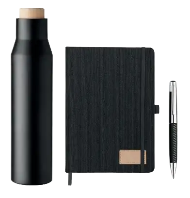Kits corporativos personalizados con botella, libreta y bolígrafo